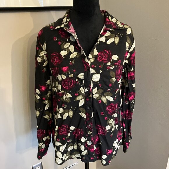 Rock and Republic small dark‎ rose print button down with hi-lo hemline - Picture 1 of 4